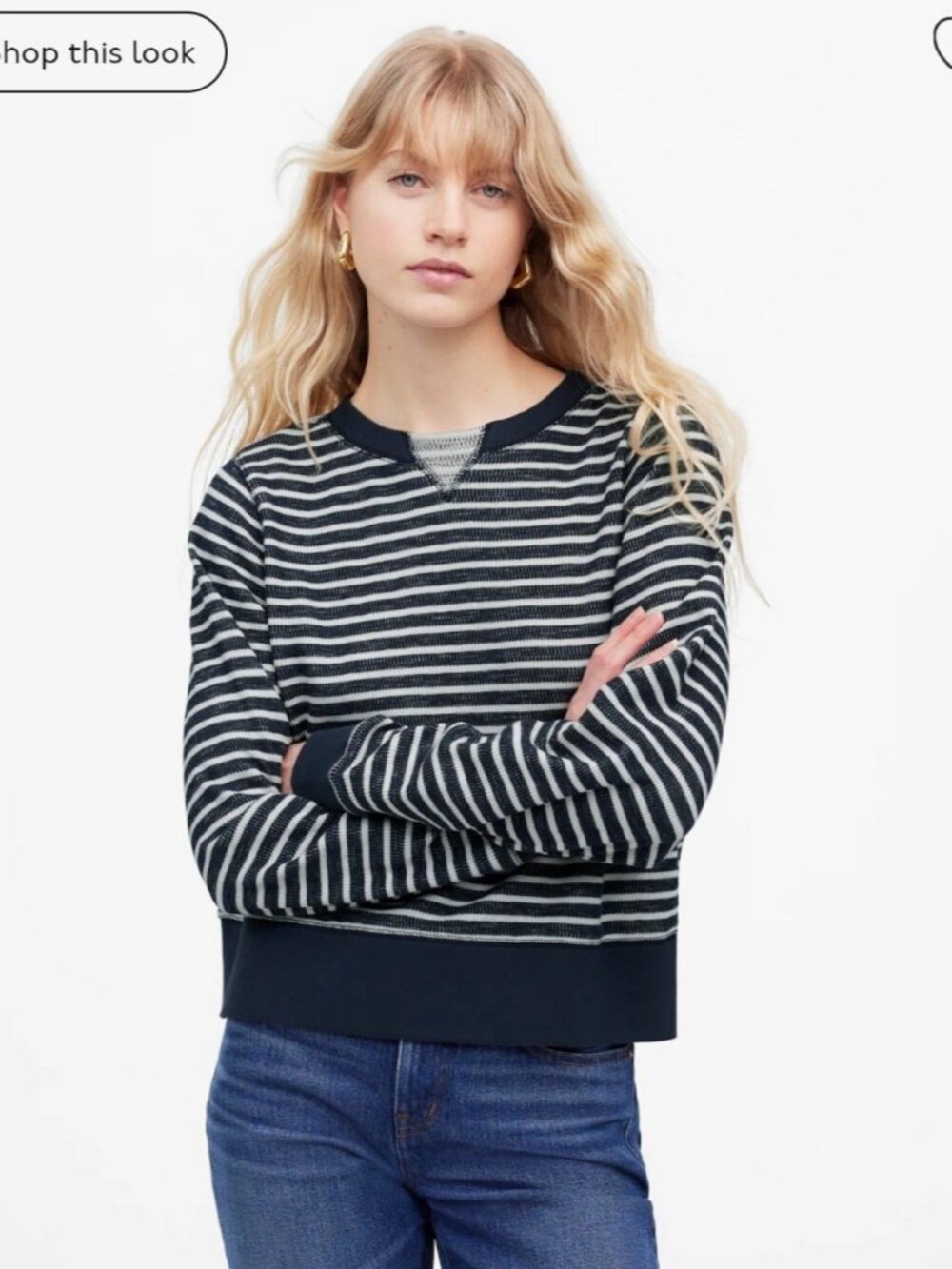 Madewell Sweatshirt Sz M White Blue Stripes V-inset Cotton Coastal Chic Preppy